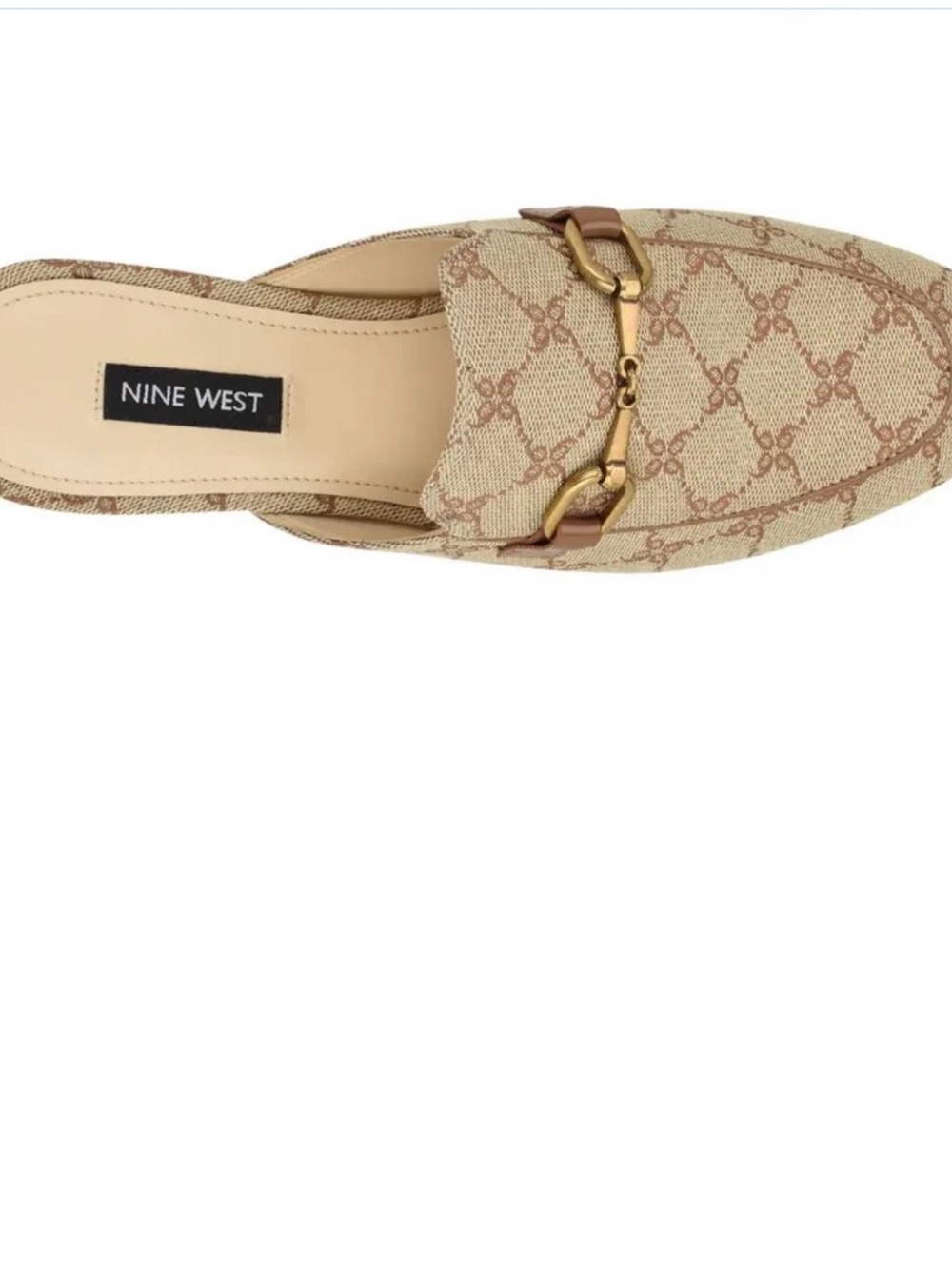 Nine West Beige and Brown Logo Mule Flats with Gold Accent